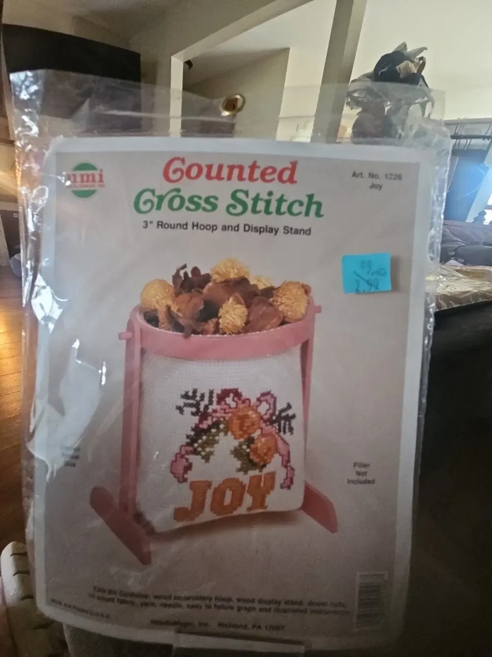 VTG NMI Counted Cross Stitch Joy Basket Kit Hoop Wood Display Stand Needle